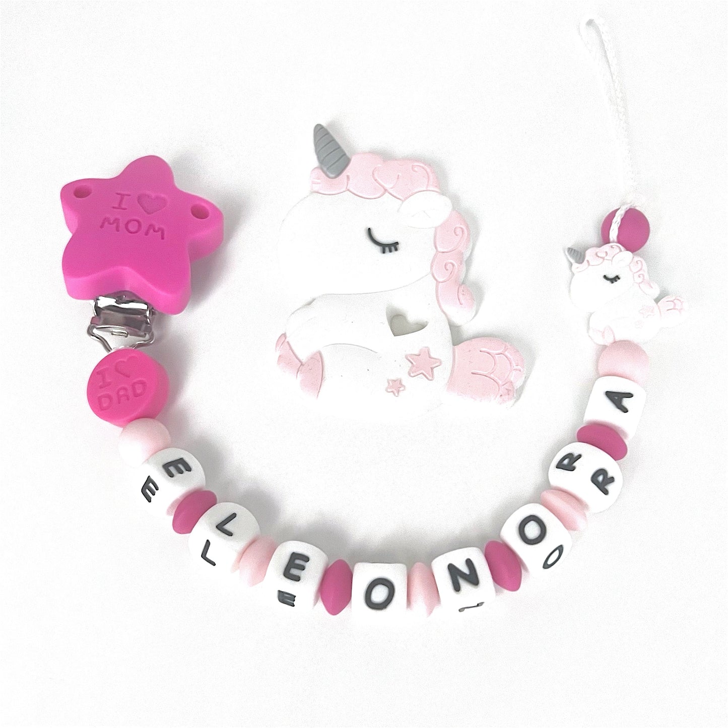 Catenella Portaciuccio Unicorno, Portaciuccio con Nome, Catenina in Silicone, Porta Ciuccio Personalizzato