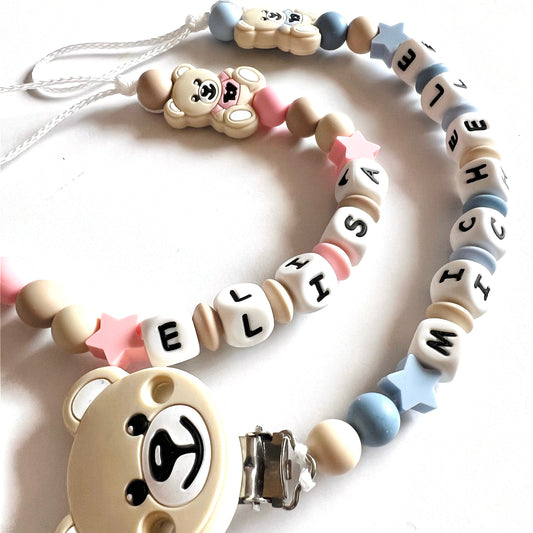 Catenella Portaciuccio Orsetto Moschino Beige, Portaciuccio con Nome, Catenina in Silicone, Porta Ciuccio Personalizzato