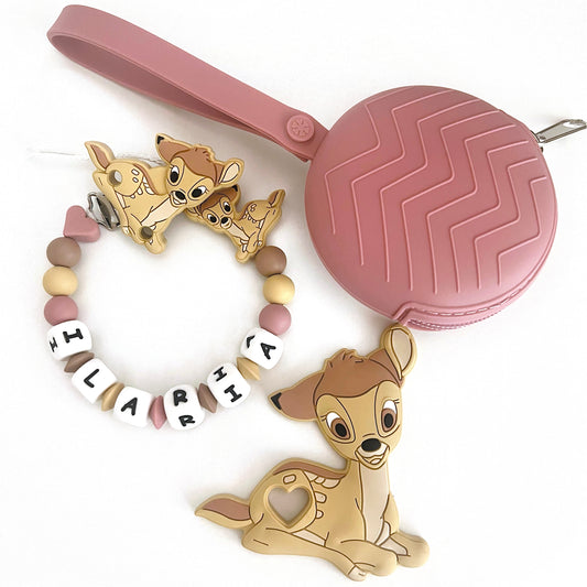 Catenella Portaciuccio Bambi, Portaciuccio con Nome, Catenina in Silicone, Porta Ciuccio Personalizzato