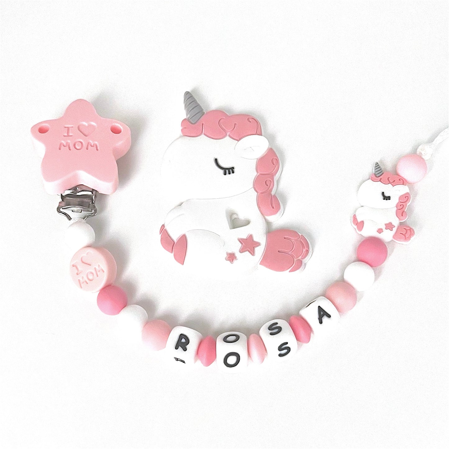 Catenella Portaciuccio Unicorno, Portaciuccio con Nome, Catenina in Silicone, Porta Ciuccio Personalizzato