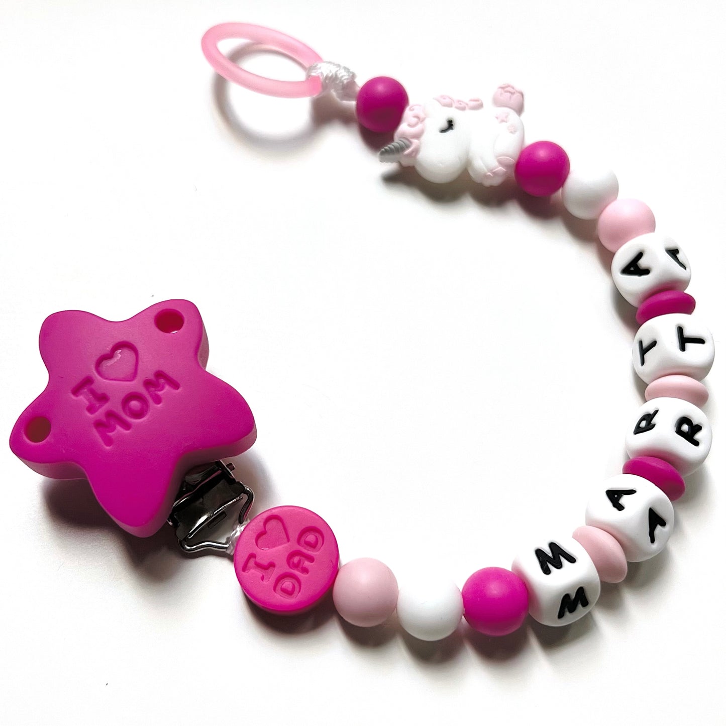 Catenella Portaciuccio Unicorno, Portaciuccio con Nome, Catenina in Silicone, Porta Ciuccio Personalizzato