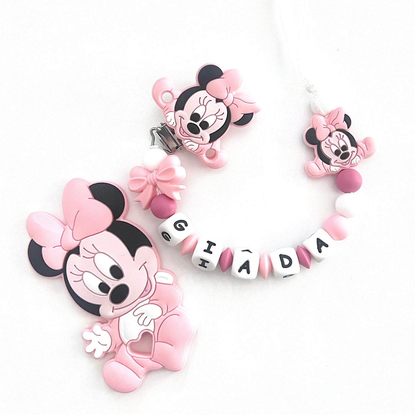 Catenella Portaciuccio Baby Minnie, Portaciuccio con Nome, Catenina in Silicone, Porta Ciuccio Personalizzato