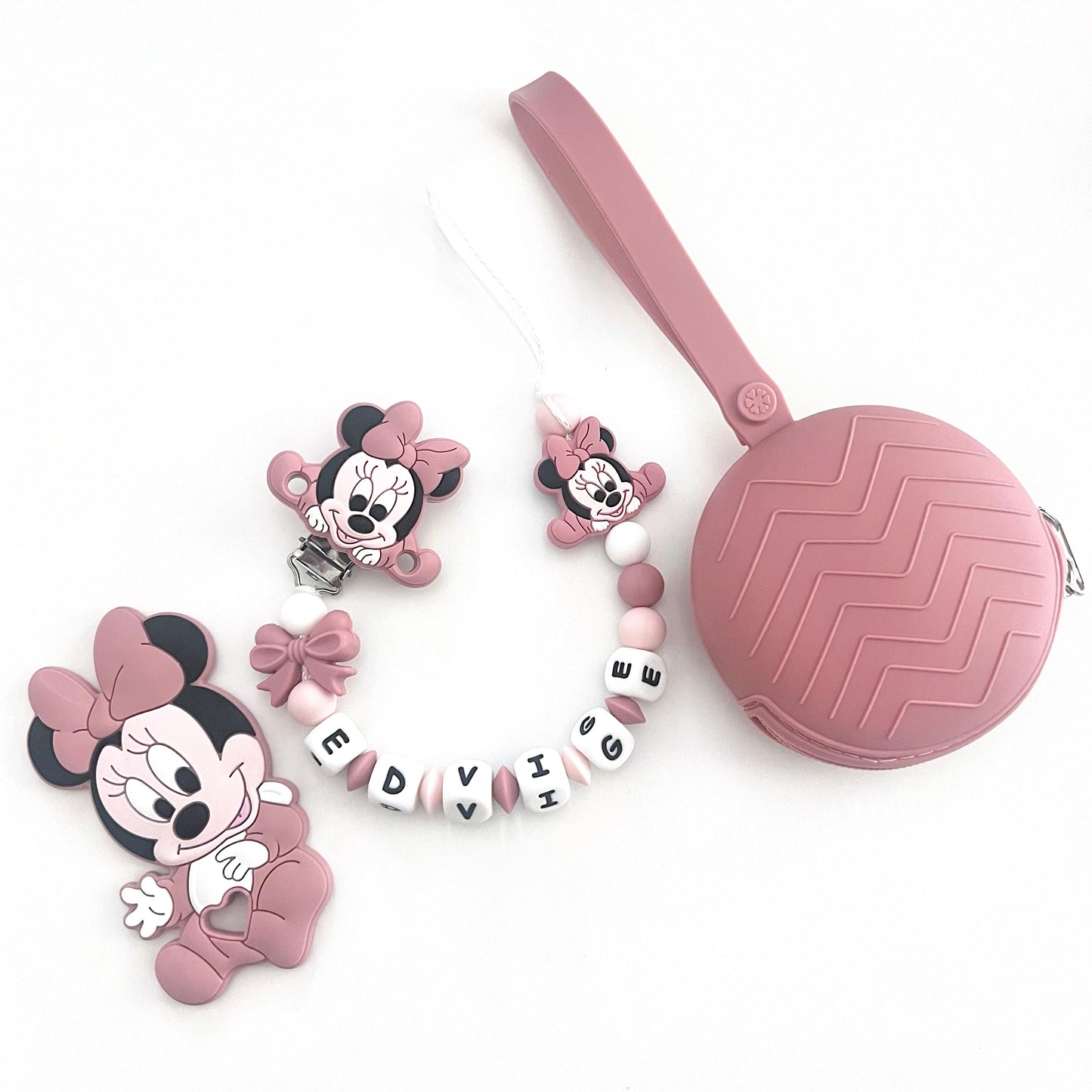 Catenella Portaciuccio Baby Minnie, Portaciuccio con Nome, Catenina in Silicone, Porta Ciuccio Personalizzato