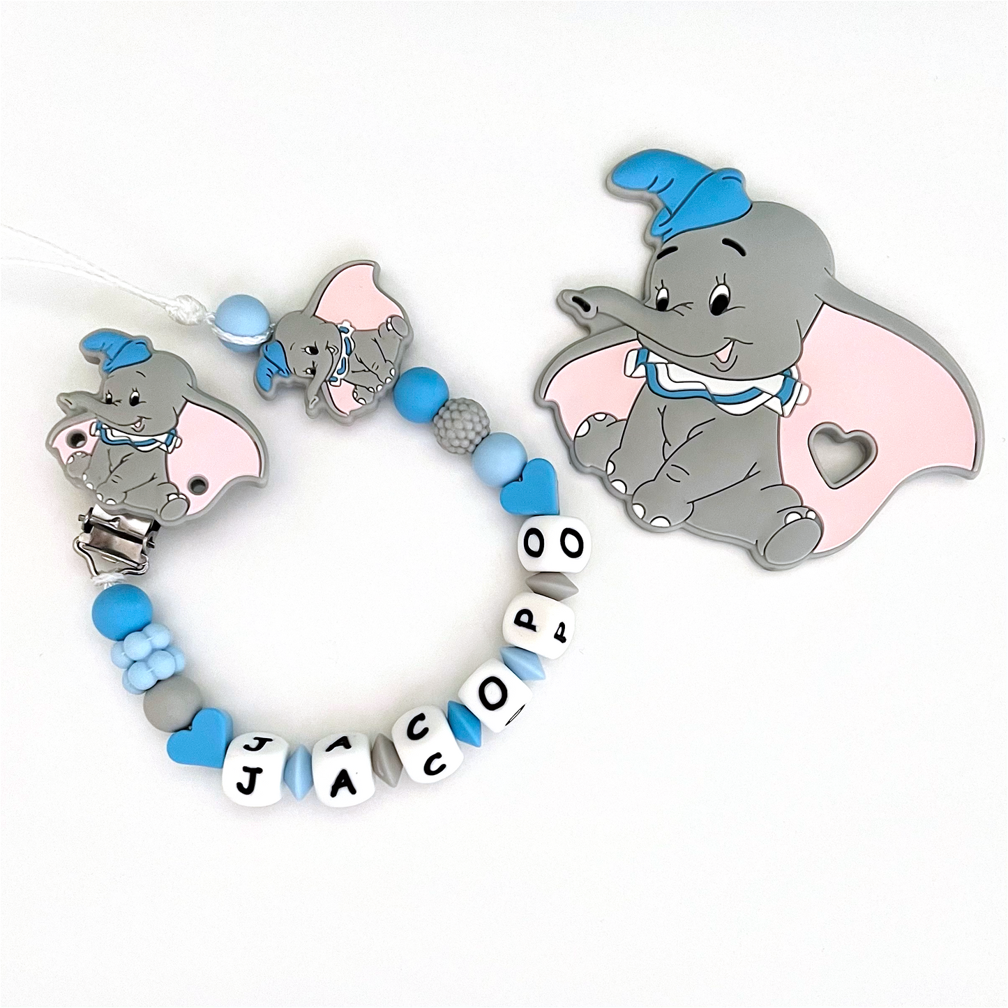 Catenella Portaciuccio Dumbo, Portaciuccio con Nome, Catenina in Silicone, Porta Ciuccio Personalizzato