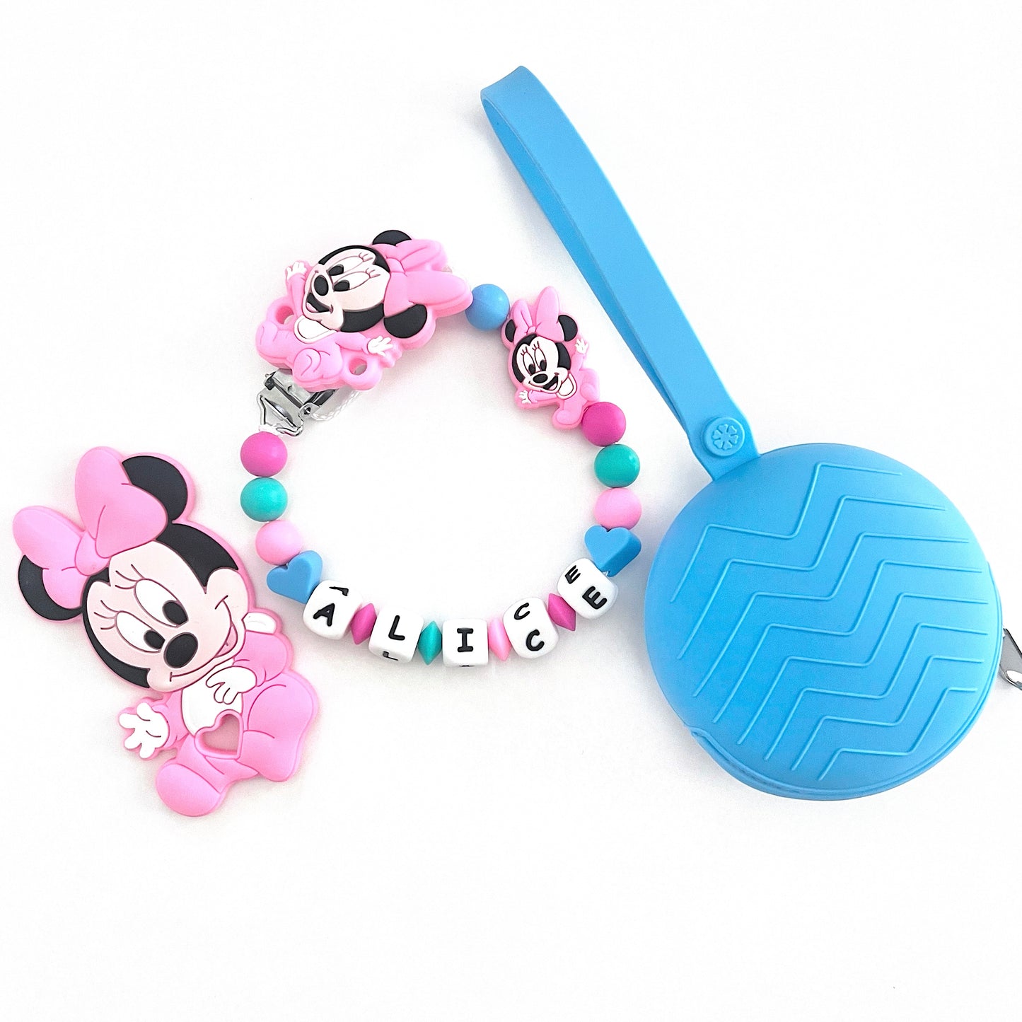 Catenella Portaciuccio Happy Minnie, Portaciuccio con Nome, Catenina in Silicone, Porta Ciuccio Personalizzato