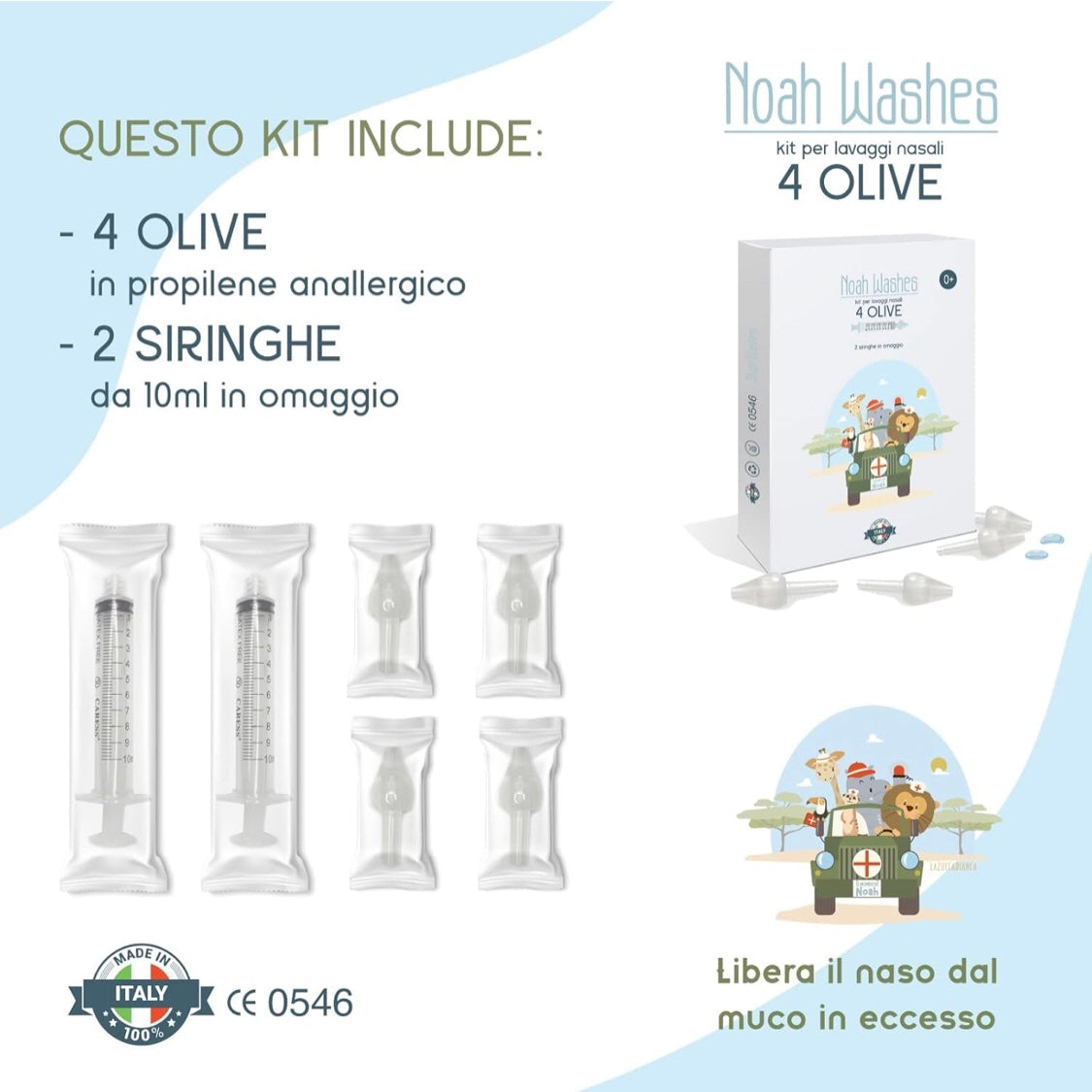 Noah Washes Kit, Lavaggio Nasale Bambini, 4 Olive Nasali e 2 Siringhe per Lavaggi, Doccia Nasale