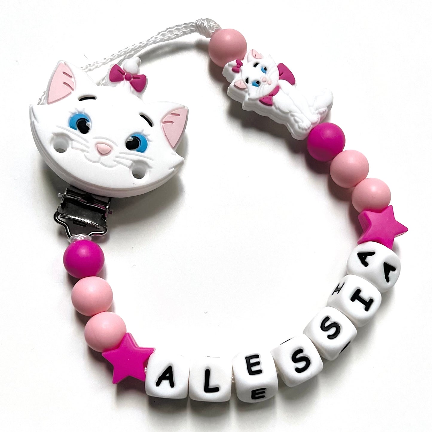 Catenella Portaciuccio Gattina Minou, Portaciuccio con Nome, Catenina in Silicone, Porta Ciuccio Personalizzato