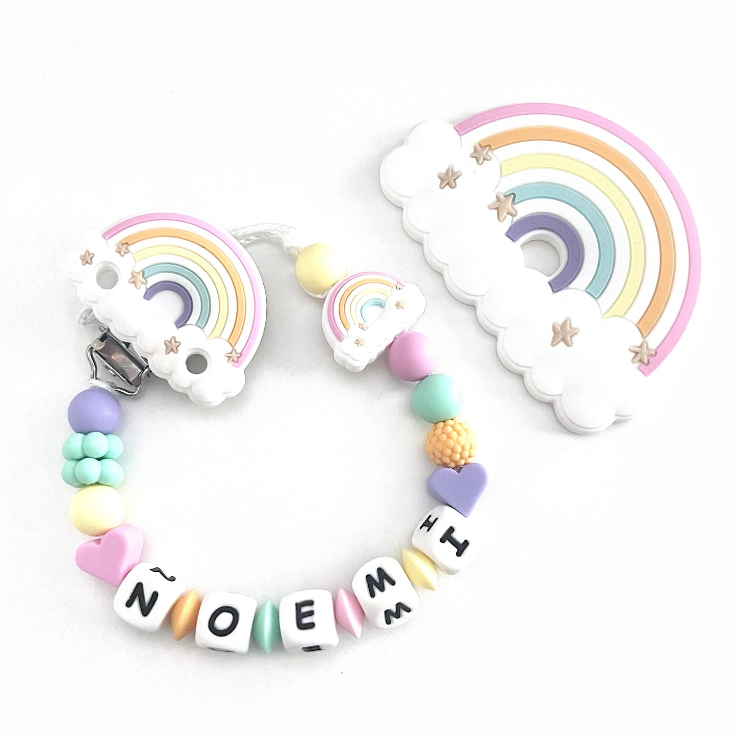 Catenella Portaciuccio Arcobaleno new, Portaciuccio con Nome, Catenina in Silicone, Porta Ciuccio Personalizzato