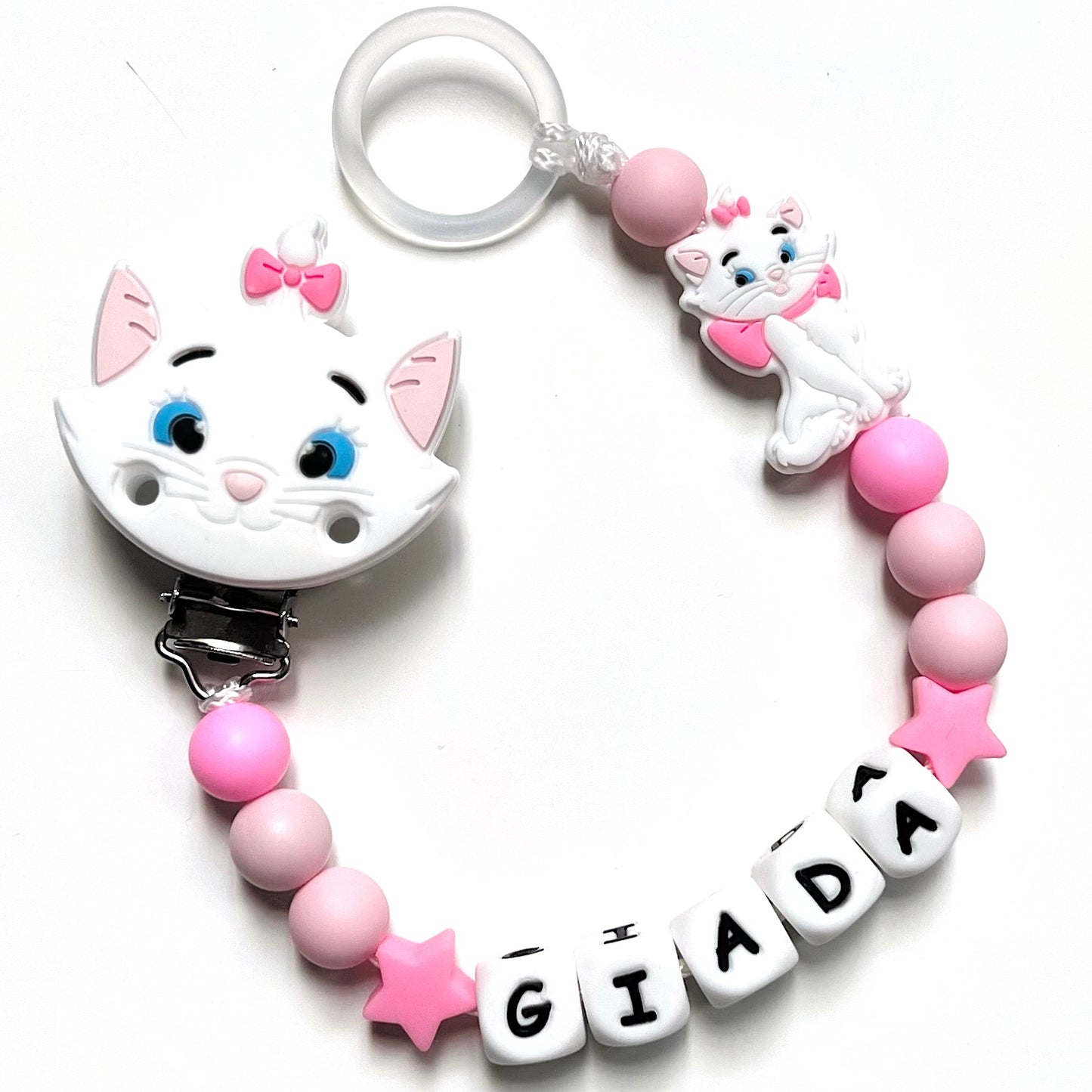 Catenella Portaciuccio Gattina Minou, Portaciuccio con Nome, Catenina in Silicone, Porta Ciuccio Personalizzato