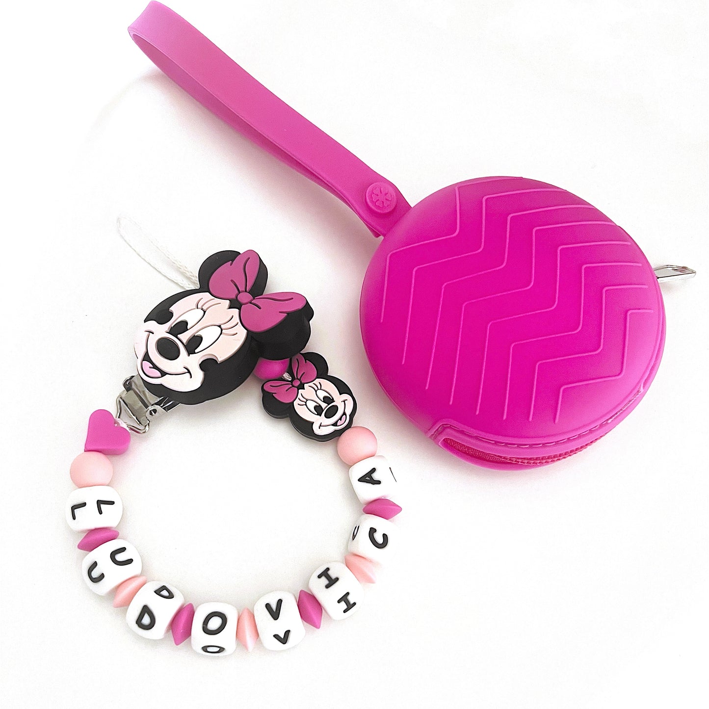 Catenella Portaciuccio Minnie, Portaciuccio con Nome, Catenina in Silicone, Porta Ciuccio Personalizzato