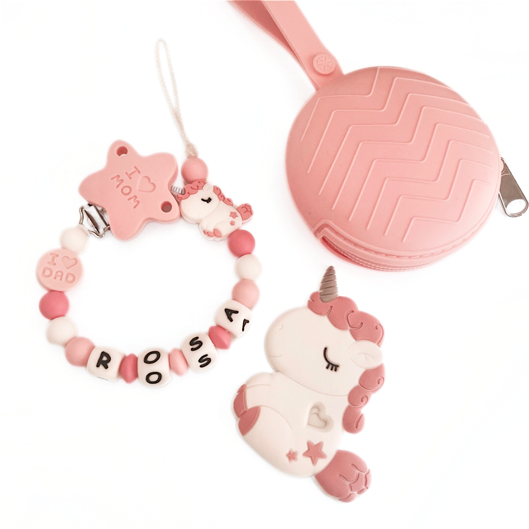 Catenella Portaciuccio Unicorno, Portaciuccio con Nome, Catenina in Silicone, Porta Ciuccio Personalizzato