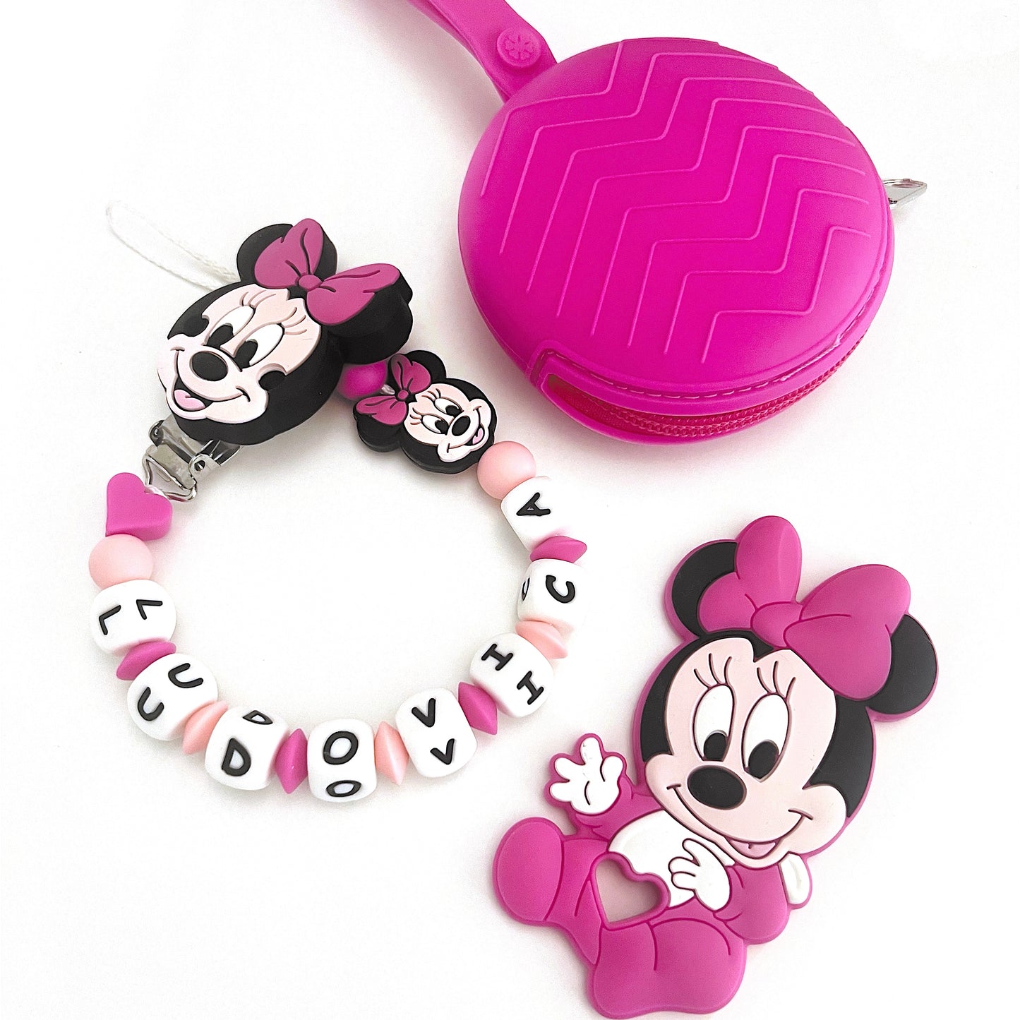 Catenella Portaciuccio Minnie, Portaciuccio con Nome, Catenina in Silicone, Porta Ciuccio Personalizzato