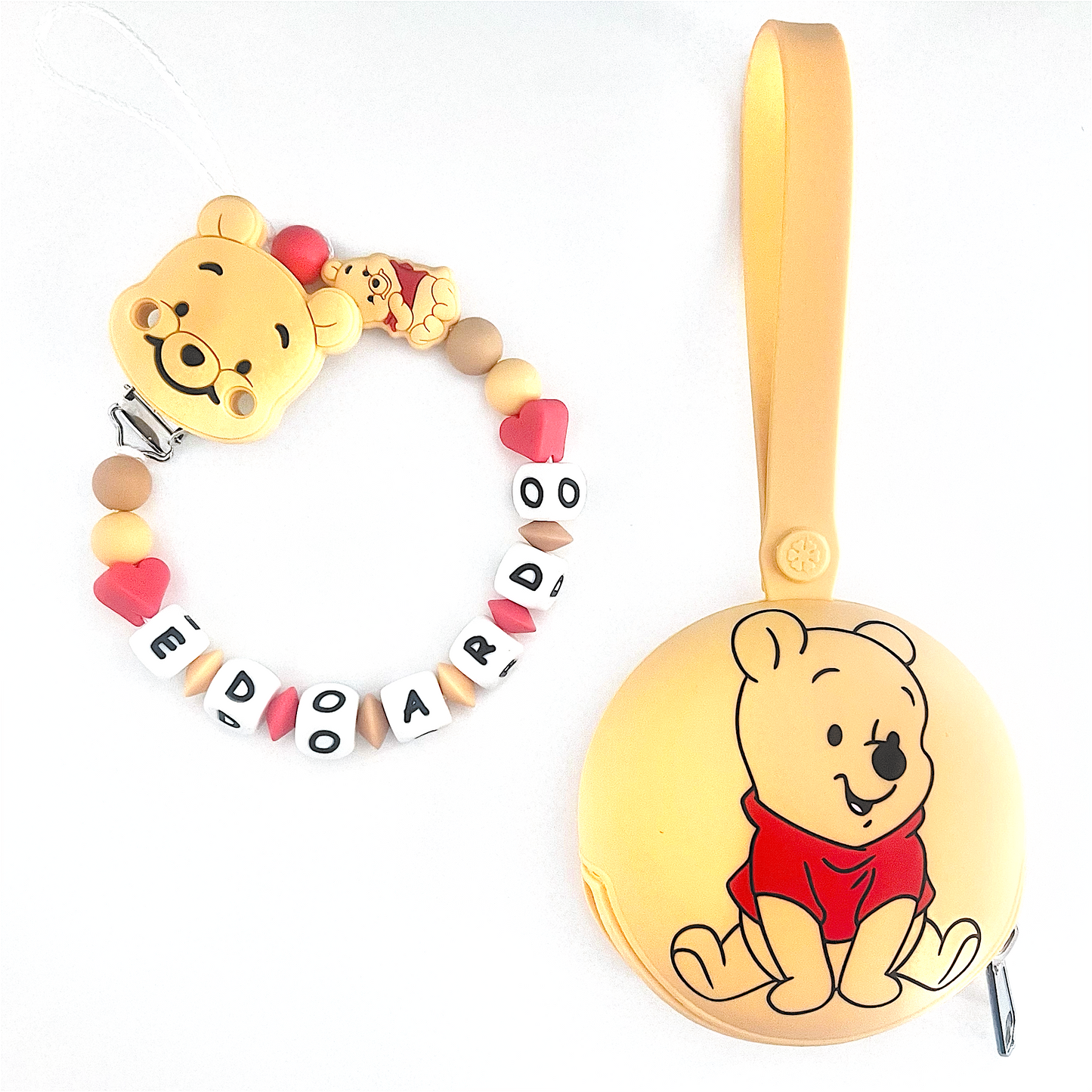 Catenella Portaciuccio Winnie the Pooh, Portaciuccio con Nome, Catenina in Silicone, Porta Ciuccio Personalizzato