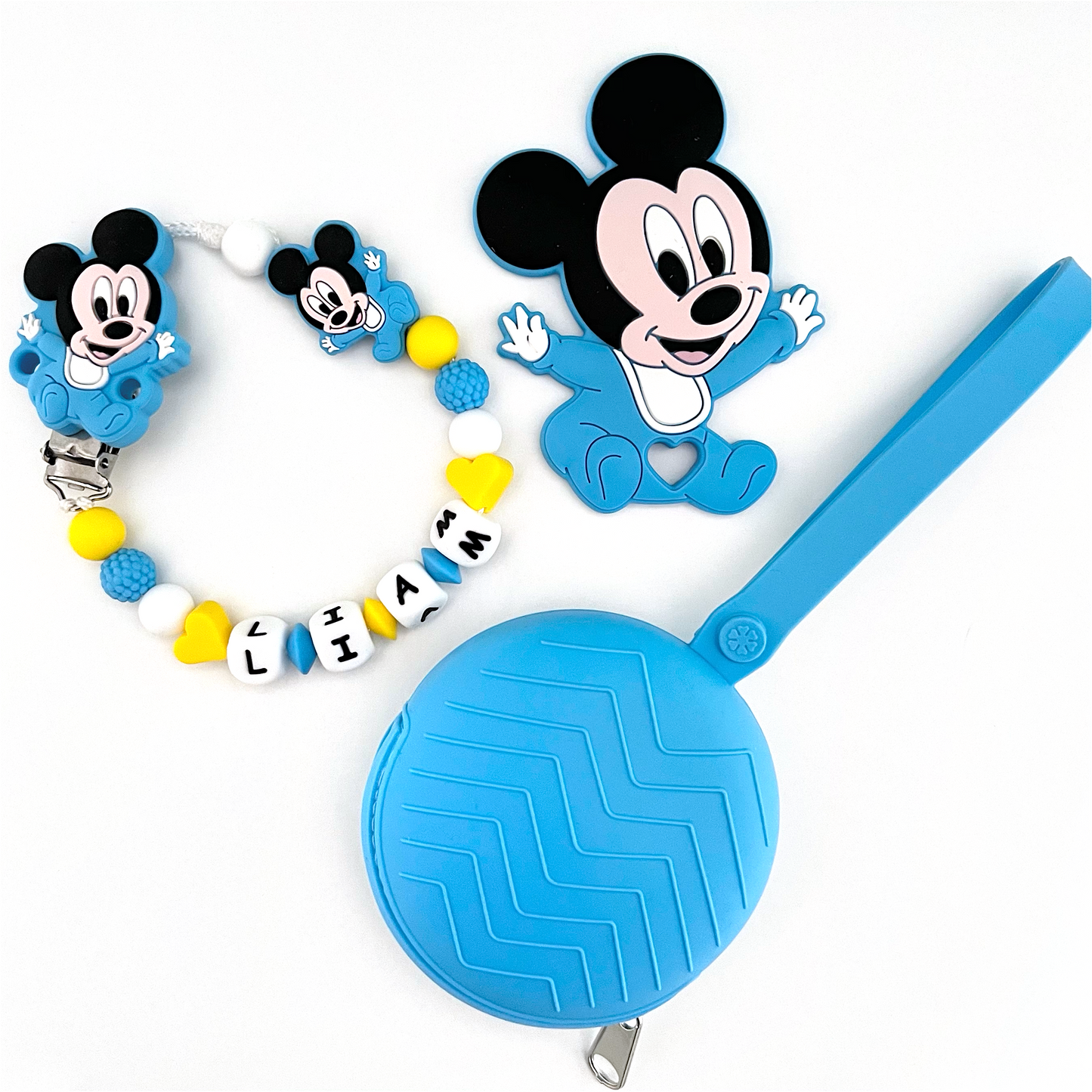 Catenella Portaciuccio Happy Topolino, Portaciuccio con Nome, Catenina in Silicone, Porta Ciuccio Personalizzato