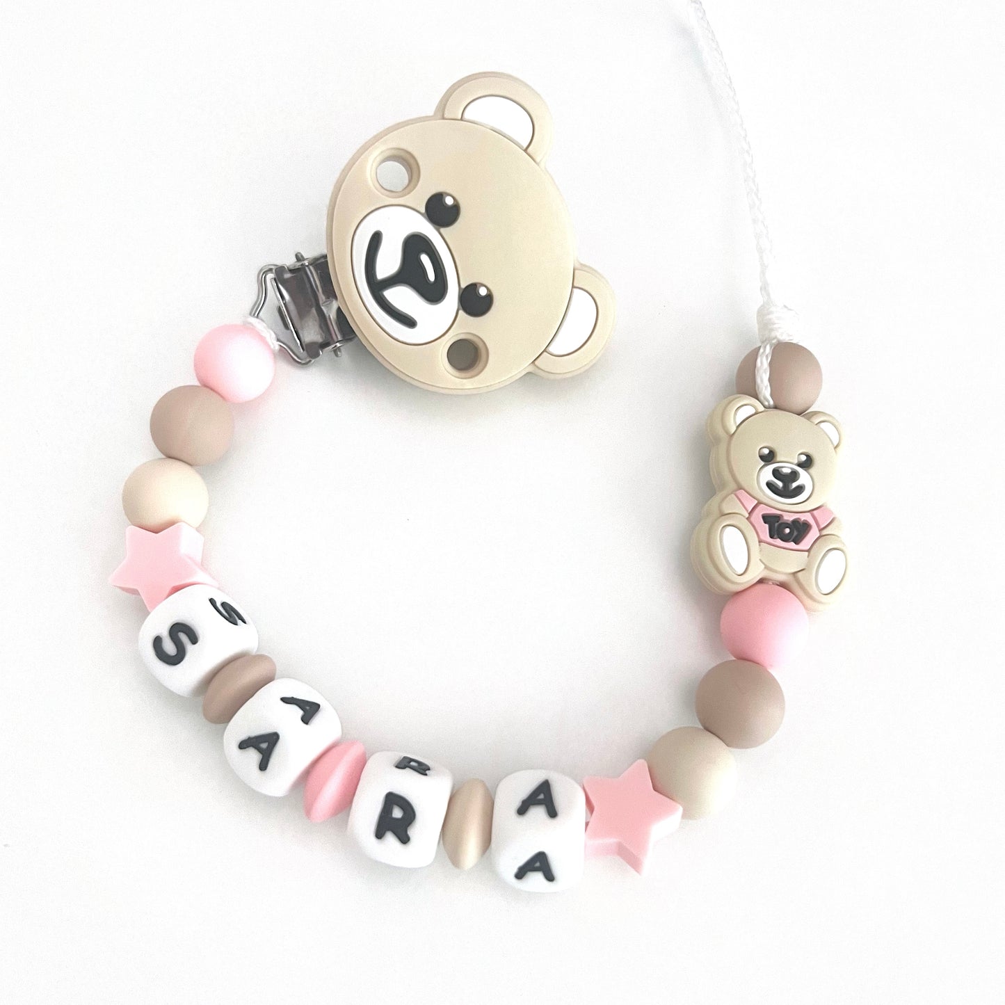 Catenella Portaciuccio Orsetto Moschino Beige, Portaciuccio con Nome, Catenina in Silicone, Porta Ciuccio Personalizzato