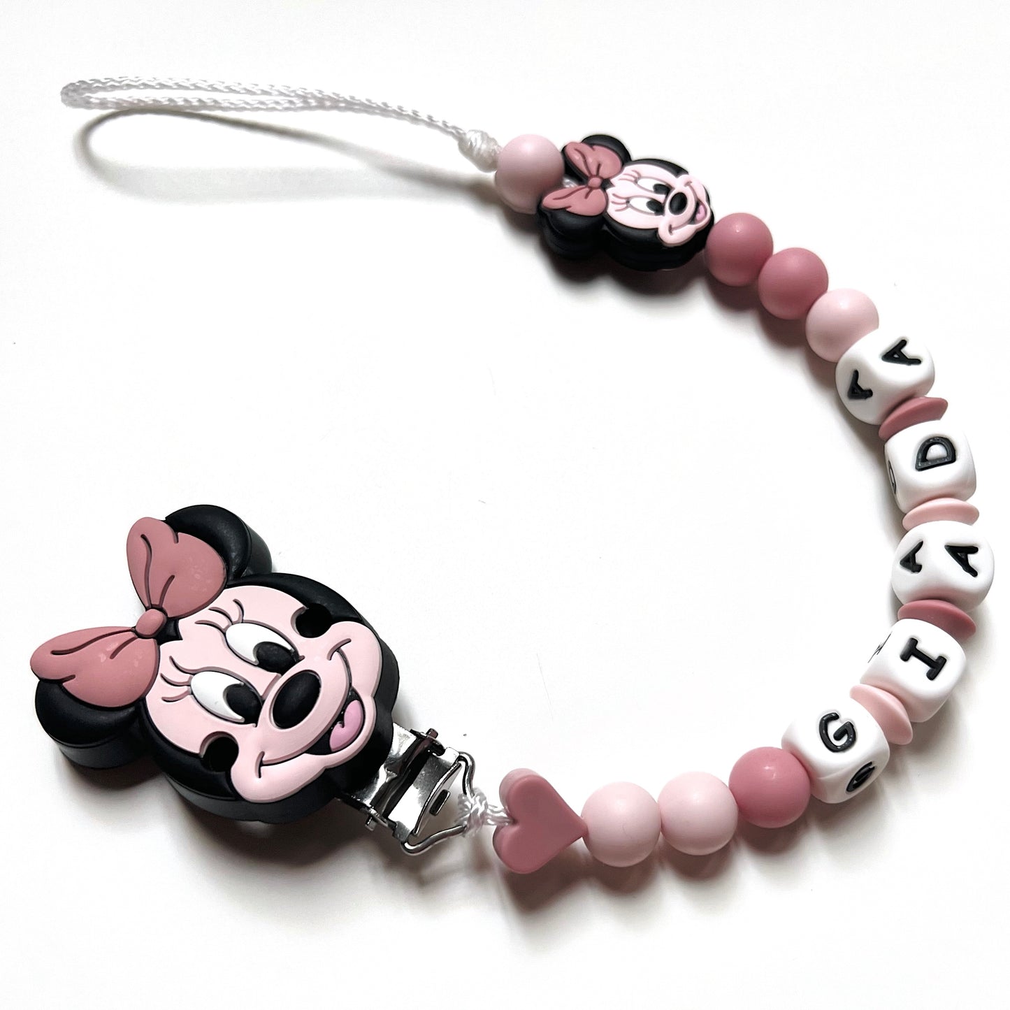 Catenella Portaciuccio Minnie, Portaciuccio con Nome, Catenina in Silicone, Porta Ciuccio Personalizzato