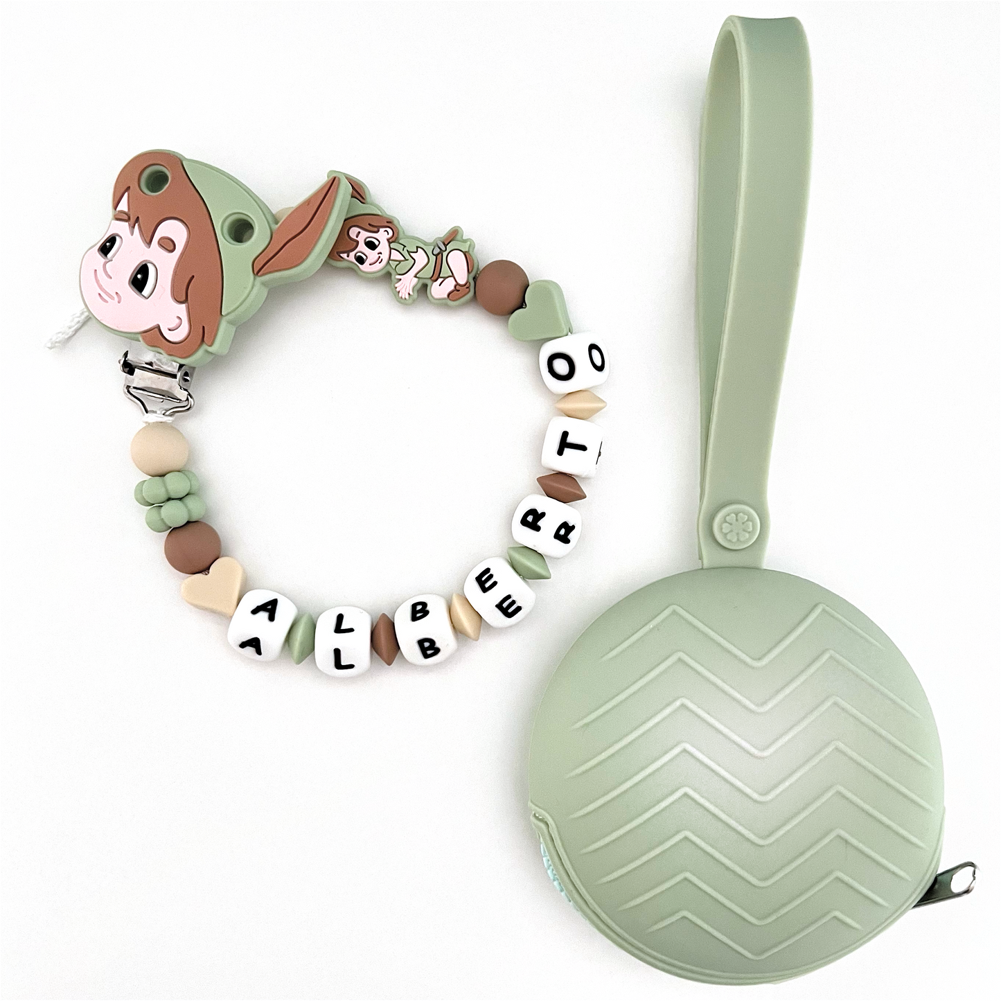 Catenella Portaciuccio Peater Pan, Portaciuccio con Nome, Catenina in Silicone, Porta Ciuccio Personalizzato