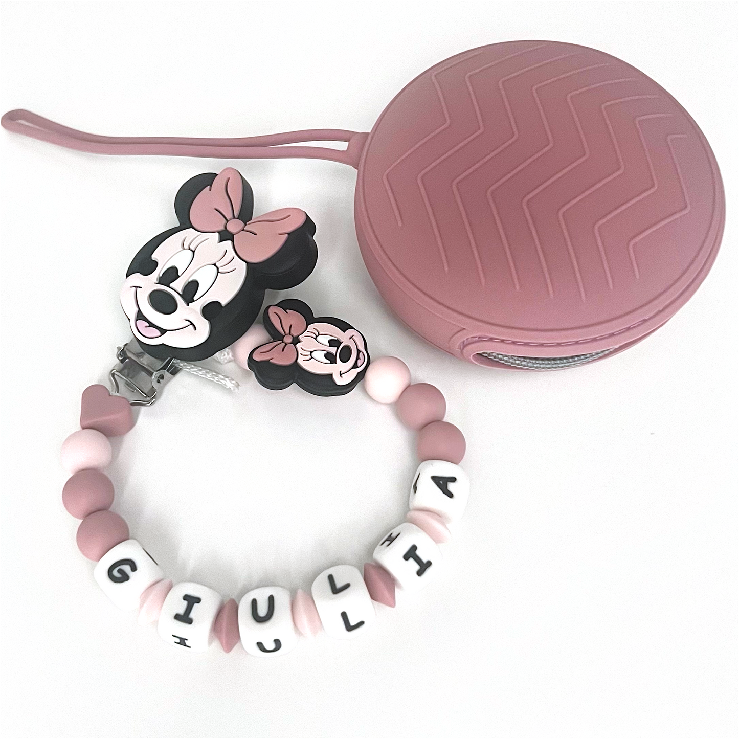 Catenella Portaciuccio Minnie, Portaciuccio con Nome, Catenina in Silicone, Porta Ciuccio Personalizzato