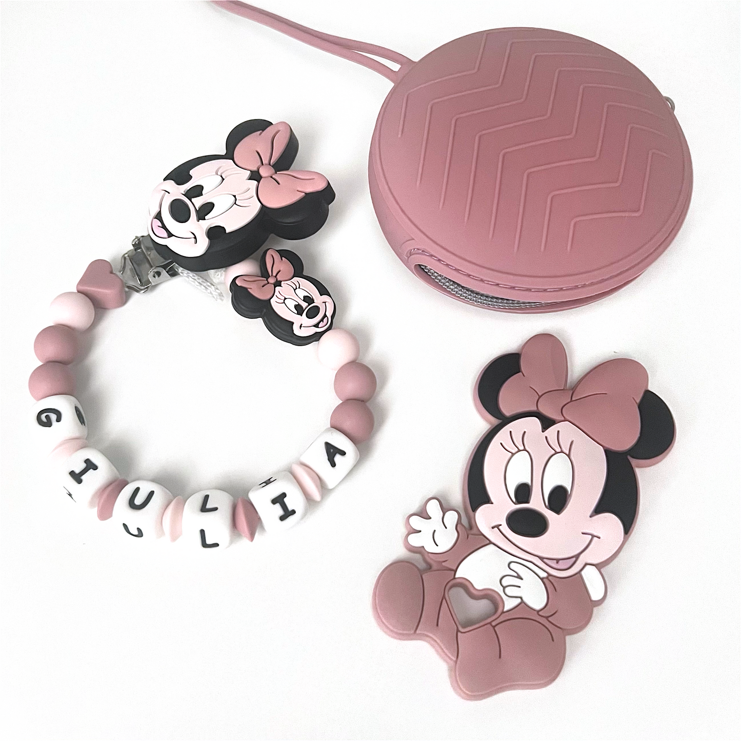 Catenella Portaciuccio Minnie, Portaciuccio con Nome, Catenina in Silicone, Porta Ciuccio Personalizzato