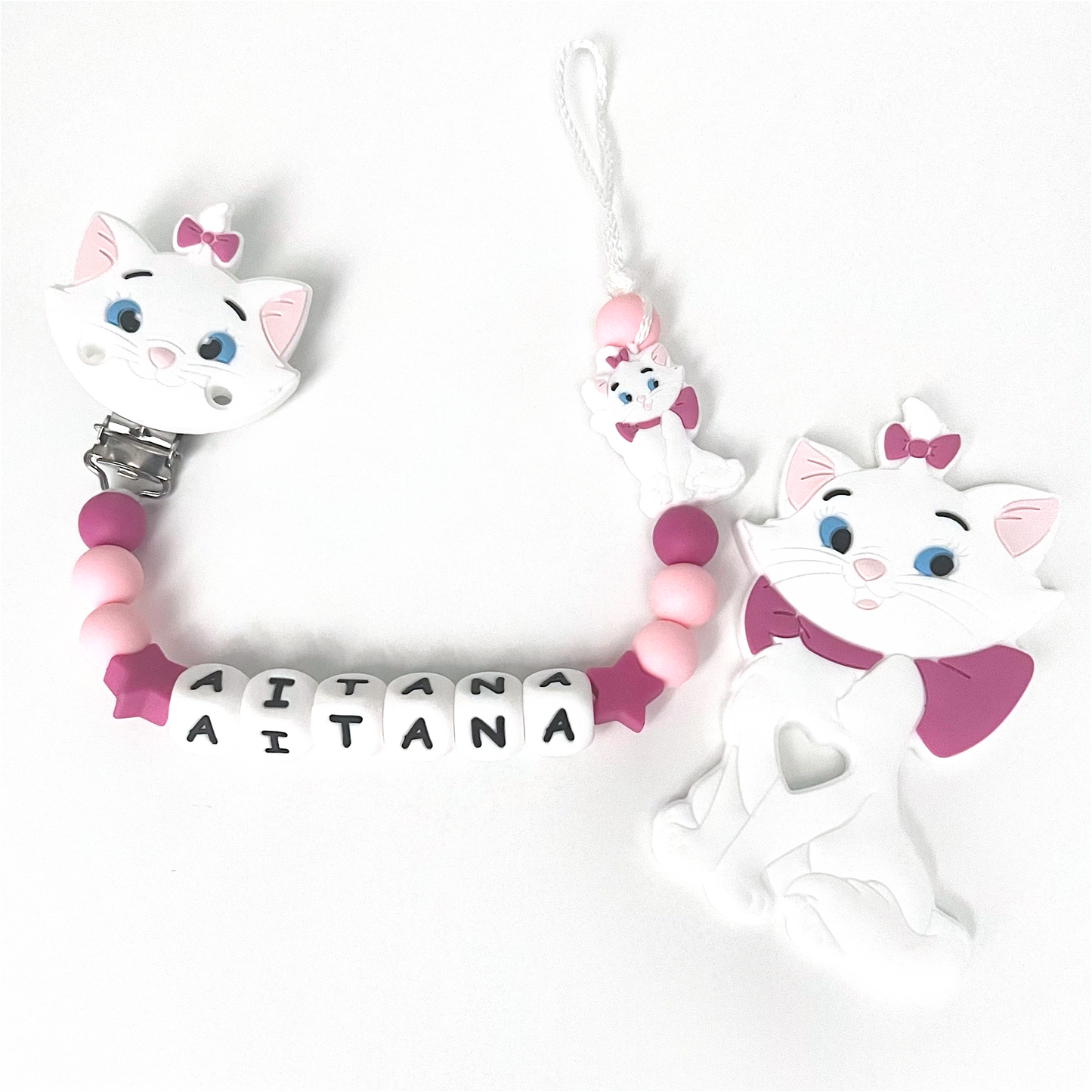 Catenella Portaciuccio Gattina Minou, Portaciuccio con Nome, Catenina in Silicone, Porta Ciuccio Personalizzato