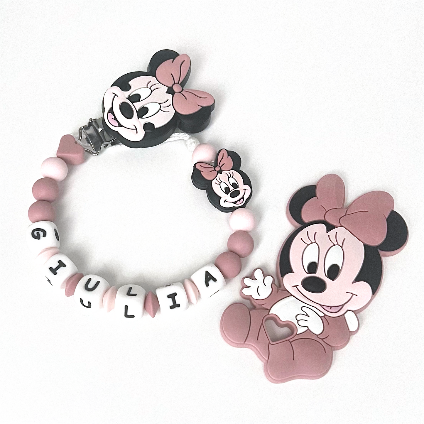 Catenella Portaciuccio Minnie, Portaciuccio con Nome, Catenina in Silicone, Porta Ciuccio Personalizzato