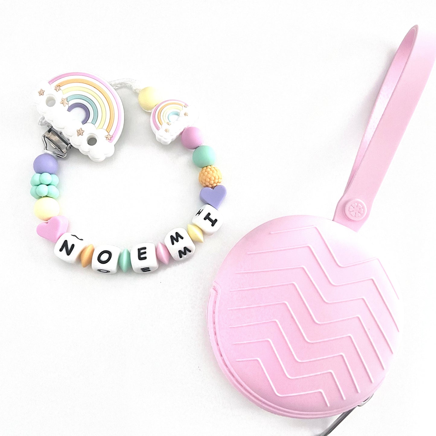 Catenella Portaciuccio Arcobaleno new, Portaciuccio con Nome, Catenina in Silicone, Porta Ciuccio Personalizzato