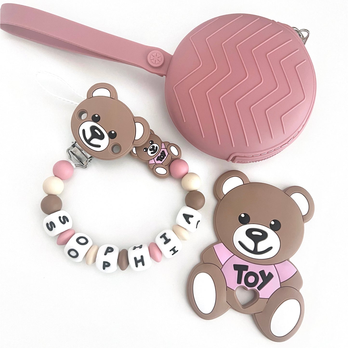 Catenella Portaciuccio Moschino Nocciola, Portaciuccio con Nome, Catenina in Silicone, Porta Ciuccio Personalizzato