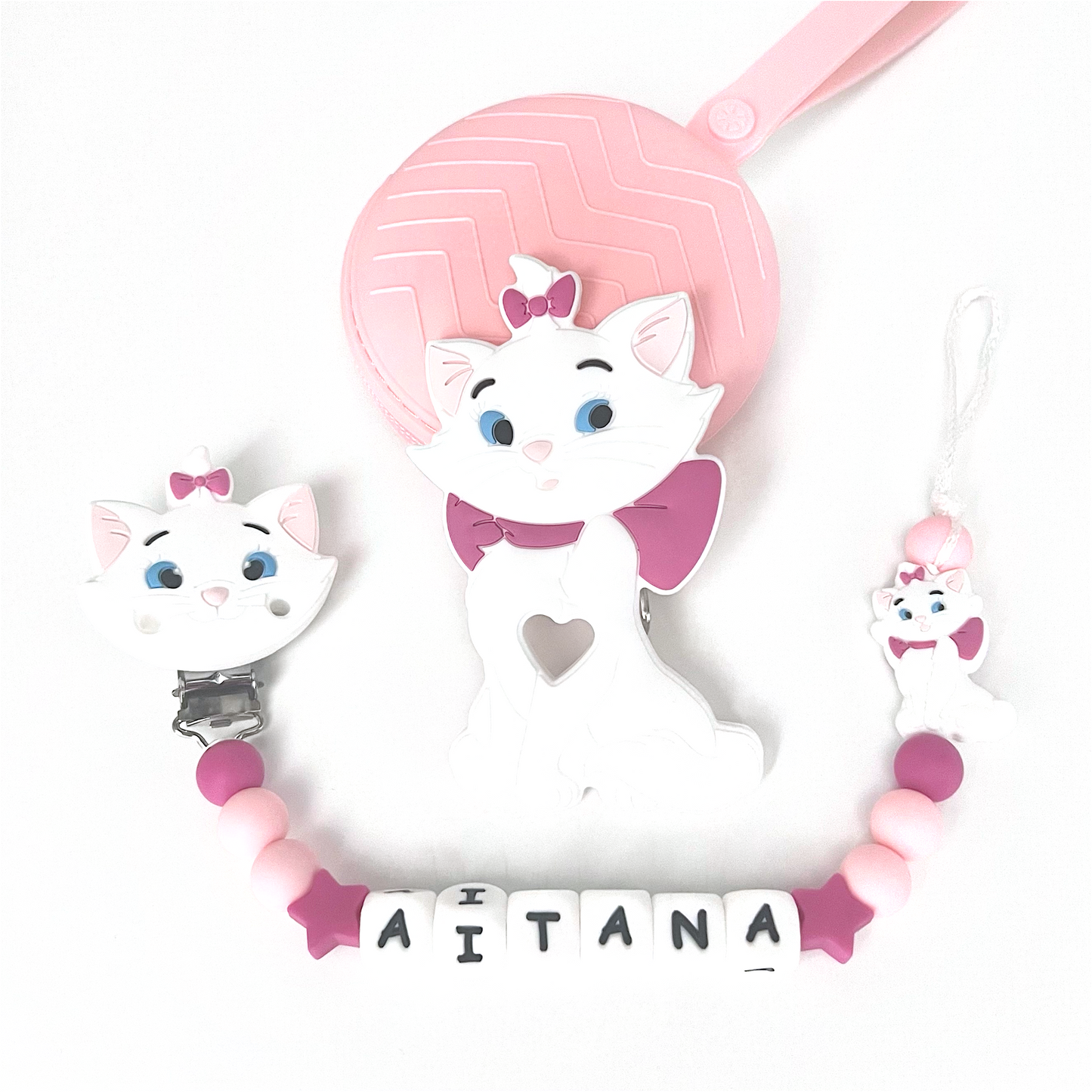 Catenella Portaciuccio Gattina Minou, Portaciuccio con Nome, Catenina in Silicone, Porta Ciuccio Personalizzato