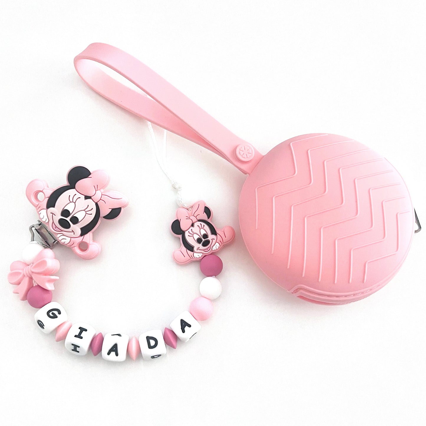 Catenella Portaciuccio Baby Minnie, Portaciuccio con Nome, Catenina in Silicone, Porta Ciuccio Personalizzato