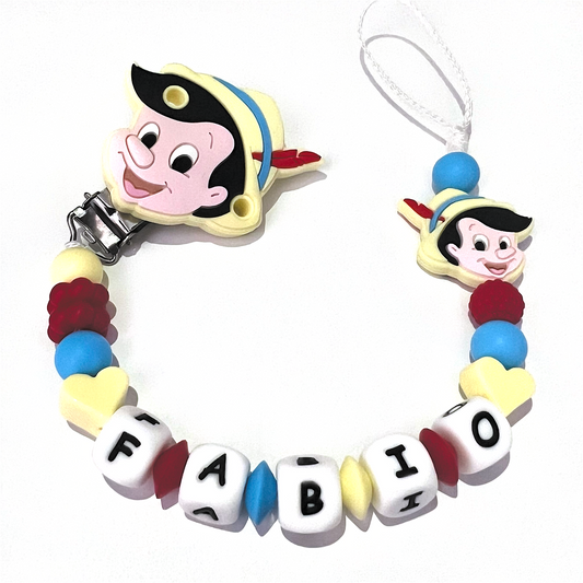 Catenella Portaciuccio Pinocchio, Portaciuccio con Nome, Catenina in Silicone, Porta Ciuccio Personalizzato