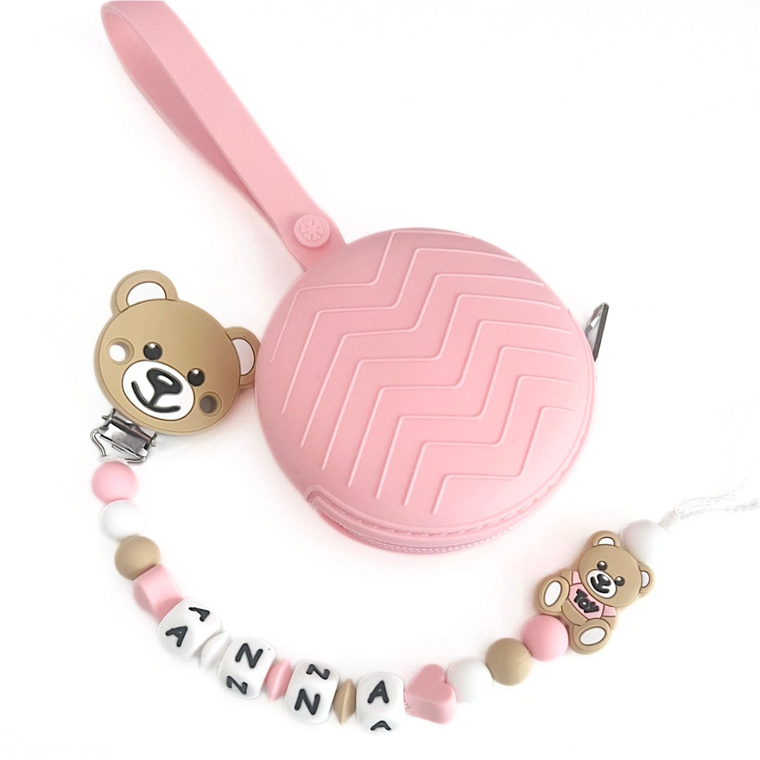 Catenella Portaciuccio Moschino Naturale, Portaciuccio con Nome, Catenina in Silicone, Porta Ciuccio Personalizzato