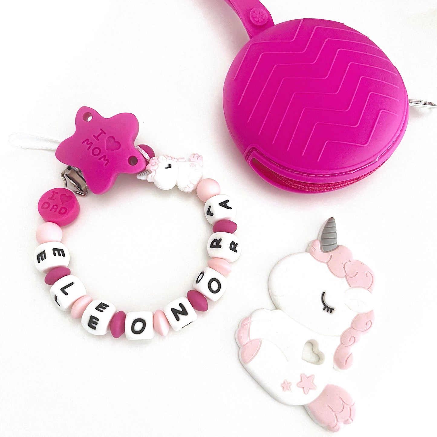 Catenella Portaciuccio Unicorno, Portaciuccio con Nome, Catenina in Silicone, Porta Ciuccio Personalizzato