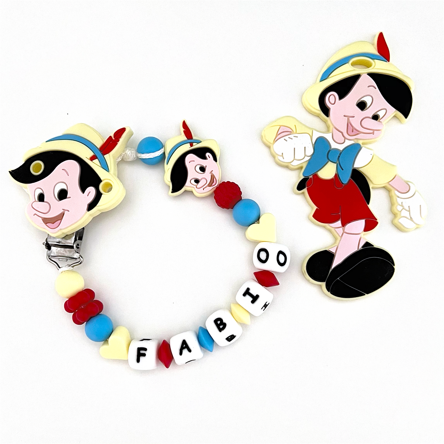 Catenella Portaciuccio Pinocchio, Portaciuccio con Nome, Catenina in Silicone, Porta Ciuccio Personalizzato