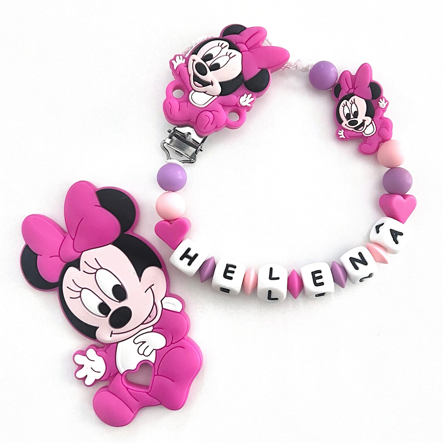 Catenella Portaciuccio Happy Minnie, Portaciuccio con Nome, Catenina in Silicone, Porta Ciuccio Personalizzato