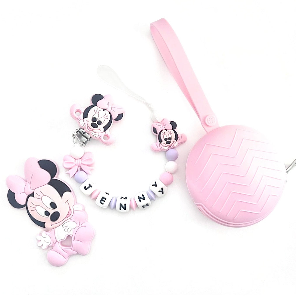 Catenella Portaciuccio Baby Minnie, Portaciuccio con Nome, Catenina in Silicone, Porta Ciuccio Personalizzato