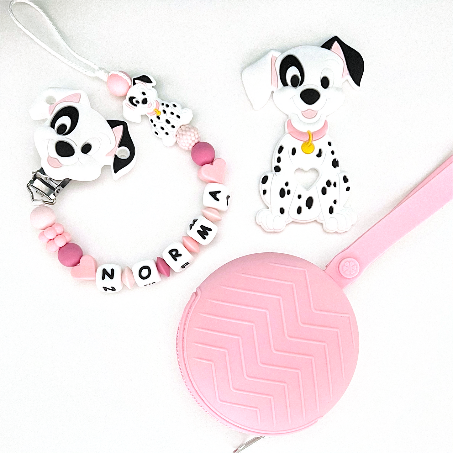 Catenella Portaciuccio Dalmata La Carica dei 101, Portaciuccio con Nome, Catenina in Silicone, Porta Ciuccio Personalizzato