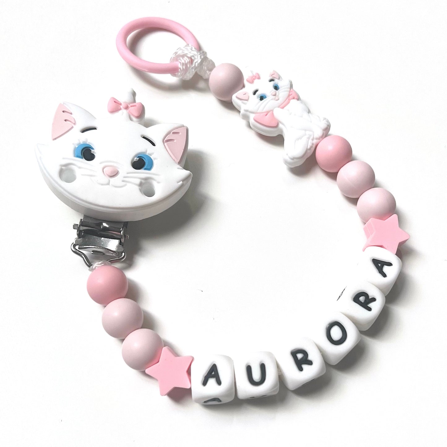 Catenella Portaciuccio Gattina Minou, Portaciuccio con Nome, Catenina in Silicone, Porta Ciuccio Personalizzato