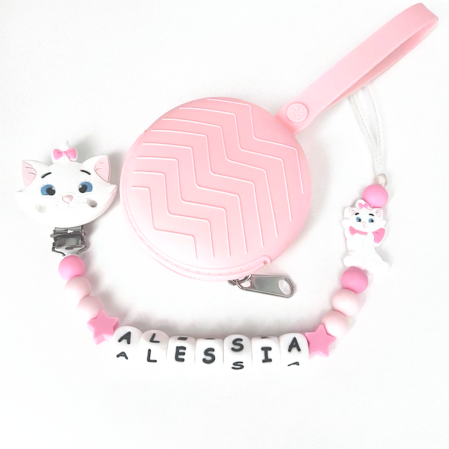 Catenella Portaciuccio Gattina Minou, Portaciuccio con Nome, Catenina in Silicone, Porta Ciuccio Personalizzato