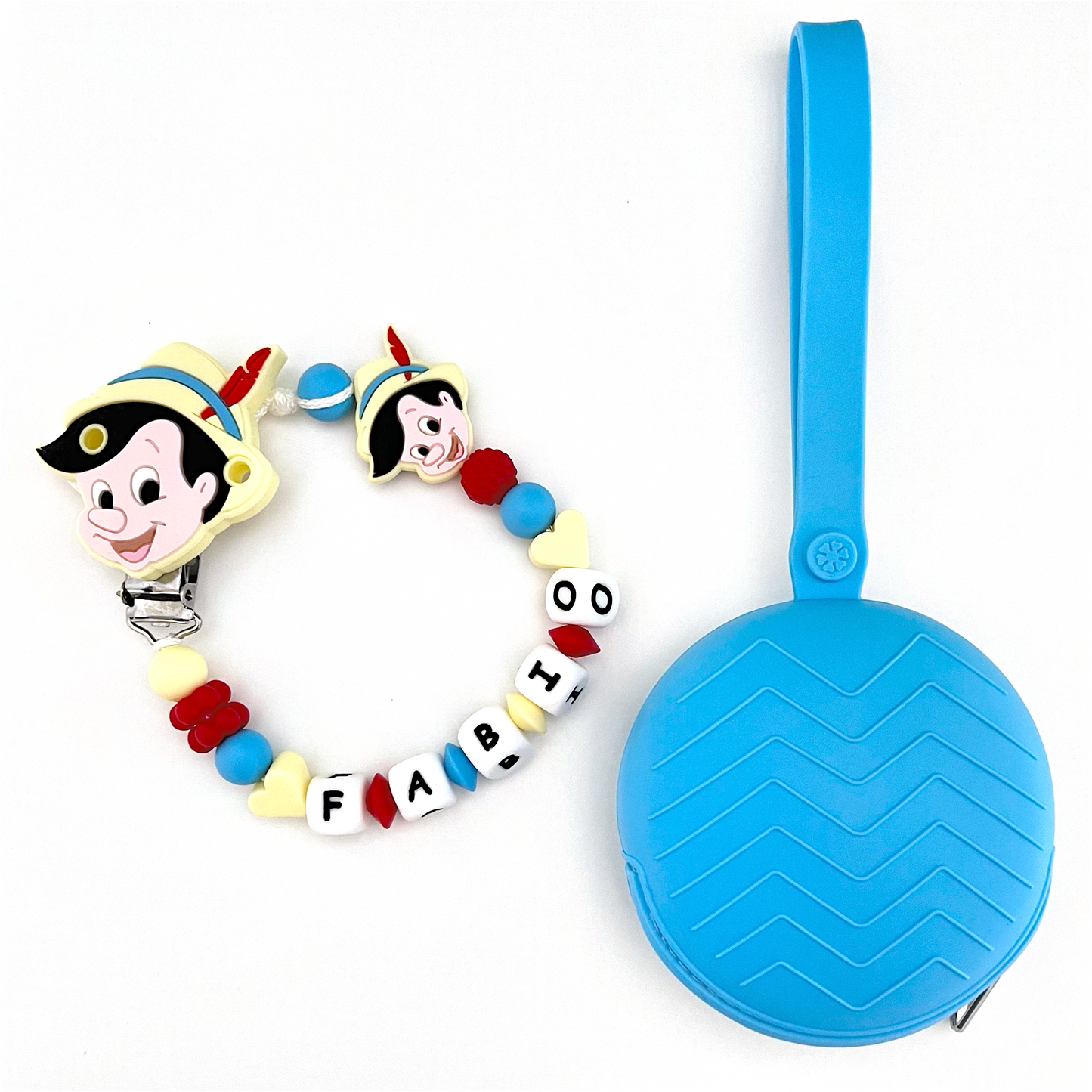 Catenella Portaciuccio Pinocchio, Portaciuccio con Nome, Catenina in Silicone, Porta Ciuccio Personalizzato