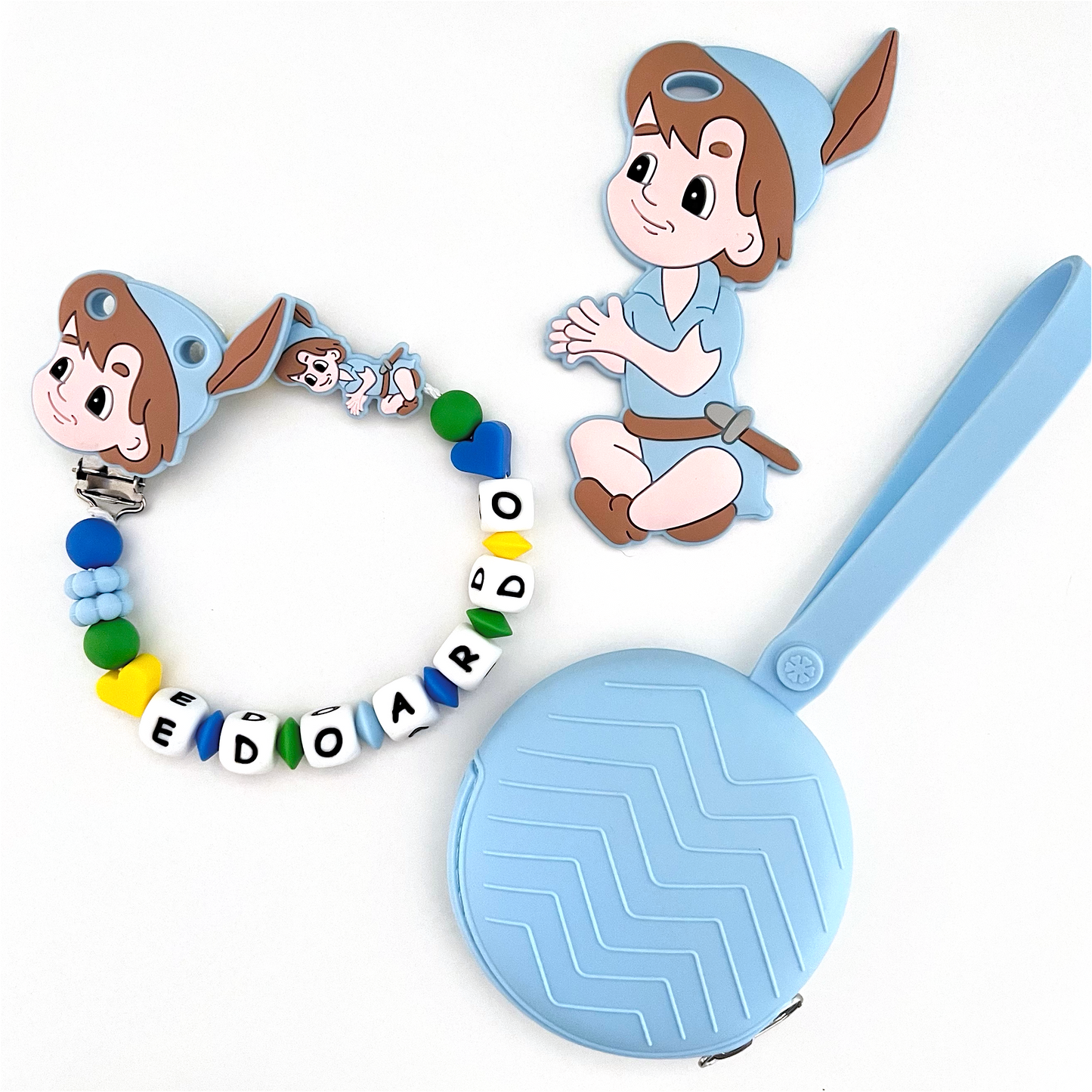 Catenella Portaciuccio Peater Pan, Portaciuccio con Nome, Catenina in Silicone, Porta Ciuccio Personalizzato