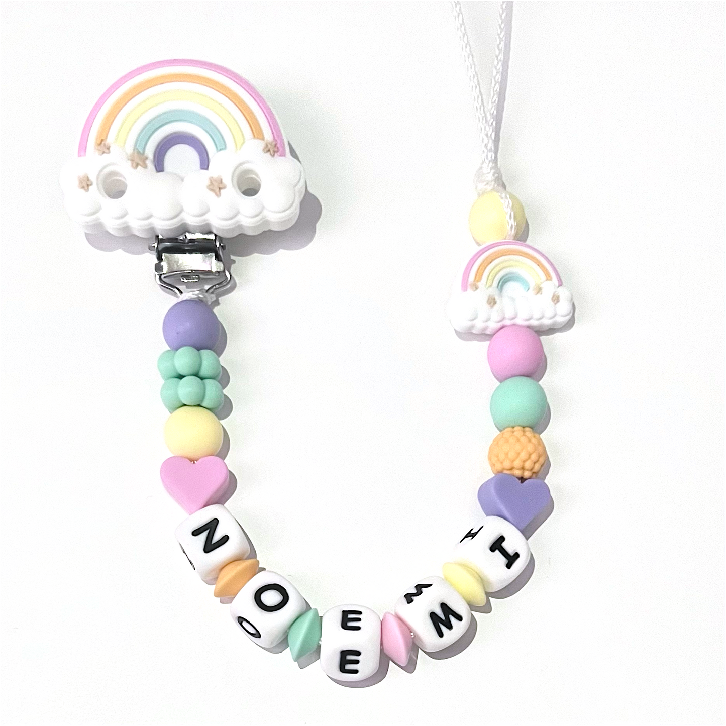 Catenella Portaciuccio Arcobaleno new, Portaciuccio con Nome, Catenina in Silicone, Porta Ciuccio Personalizzato