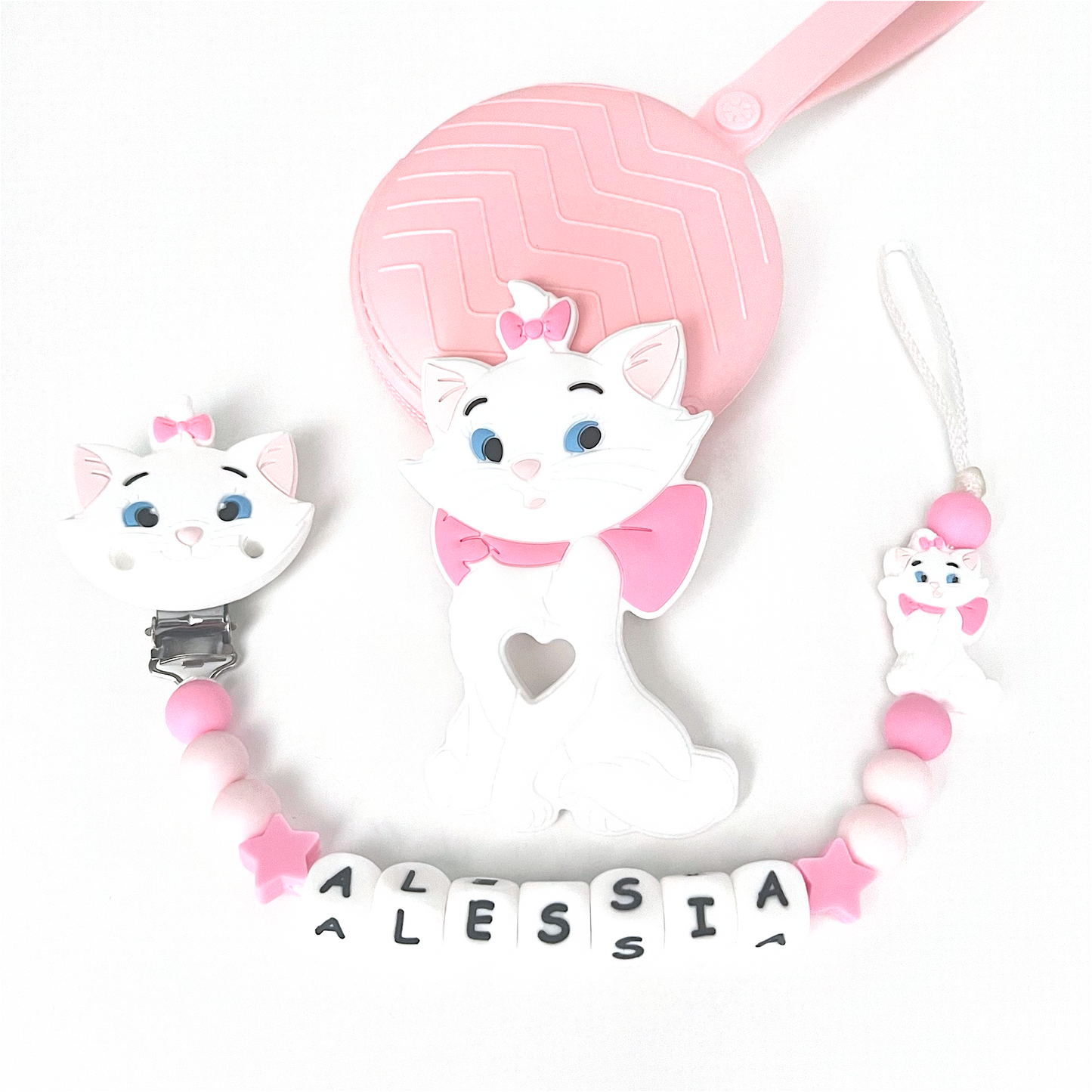 Catenella Portaciuccio Gattina Minou, Portaciuccio con Nome, Catenina in Silicone, Porta Ciuccio Personalizzato