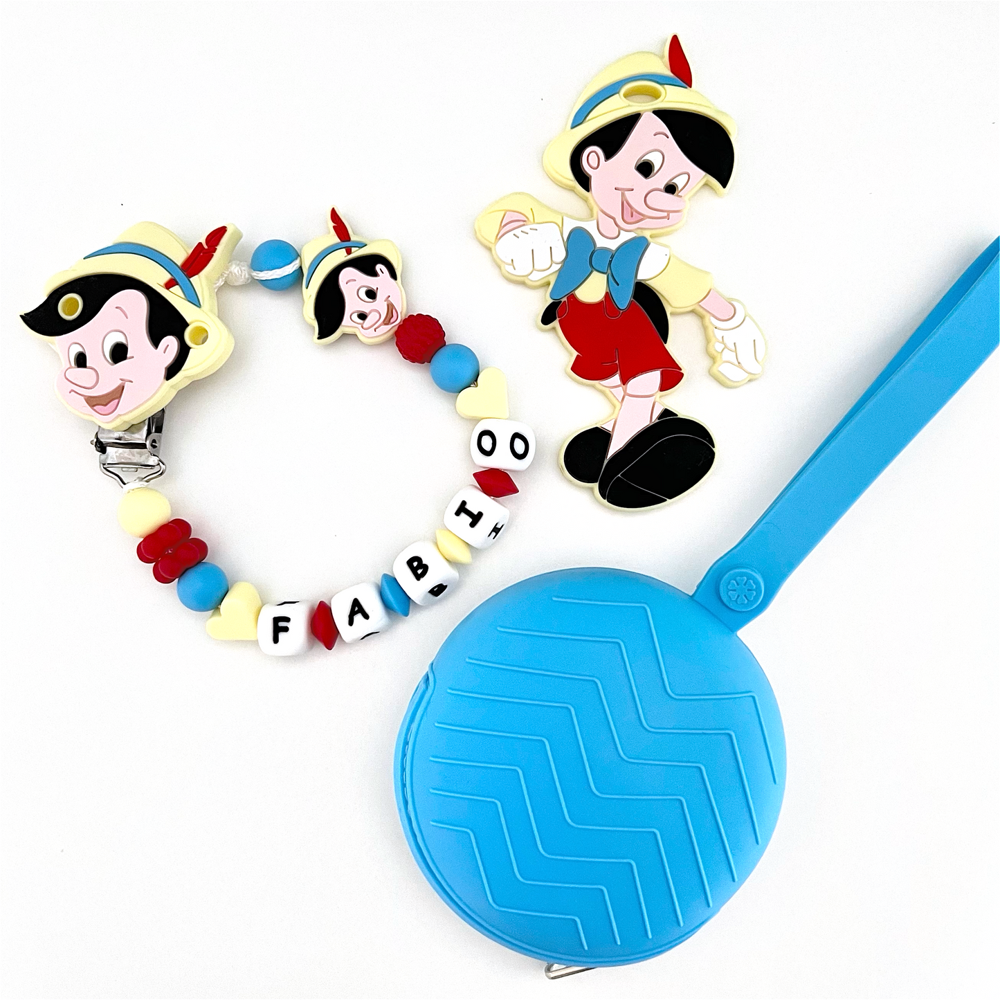 Catenella Portaciuccio Pinocchio, Portaciuccio con Nome, Catenina in Silicone, Porta Ciuccio Personalizzato