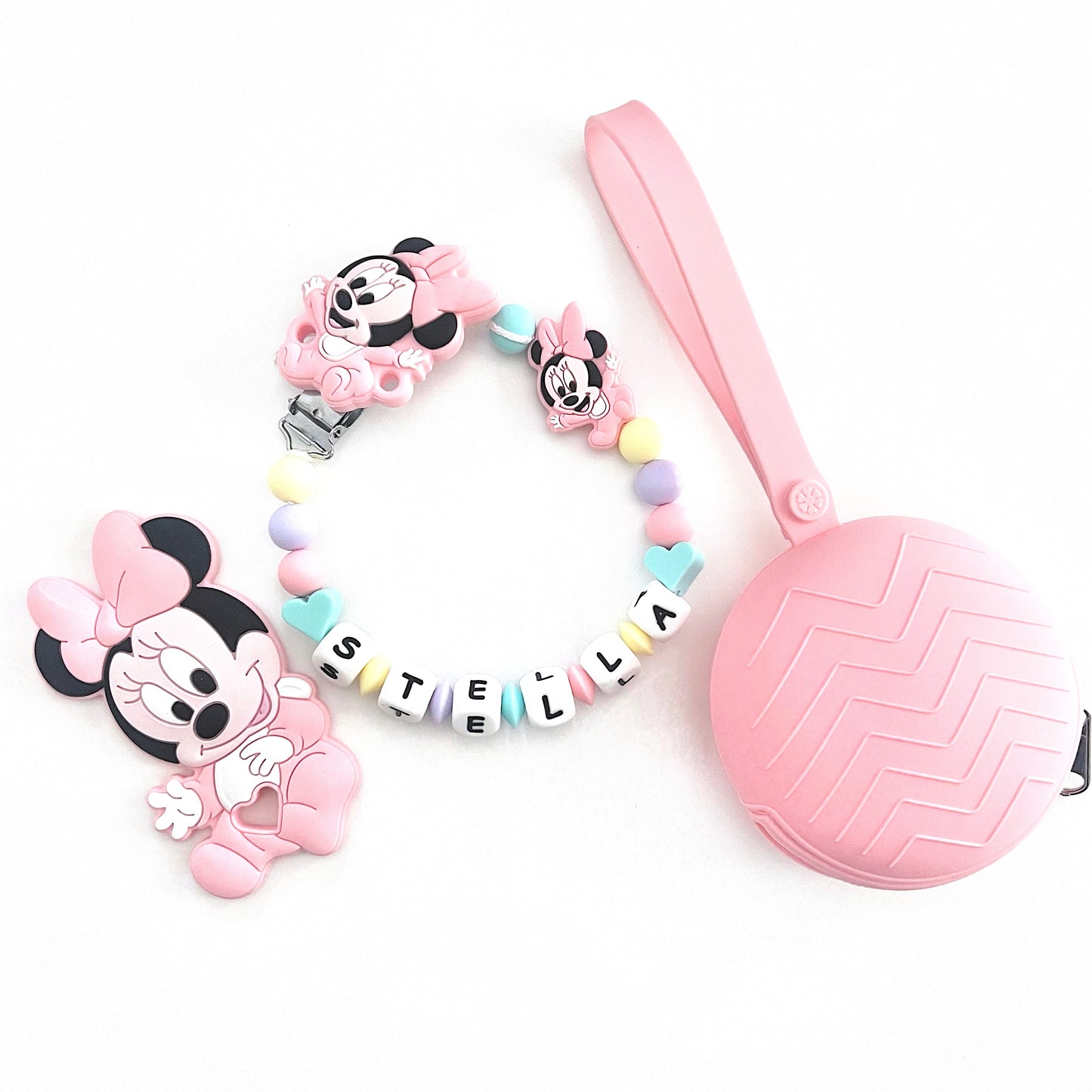 Catenella Portaciuccio Happy Minnie, Portaciuccio con Nome, Catenina in Silicone, Porta Ciuccio Personalizzato