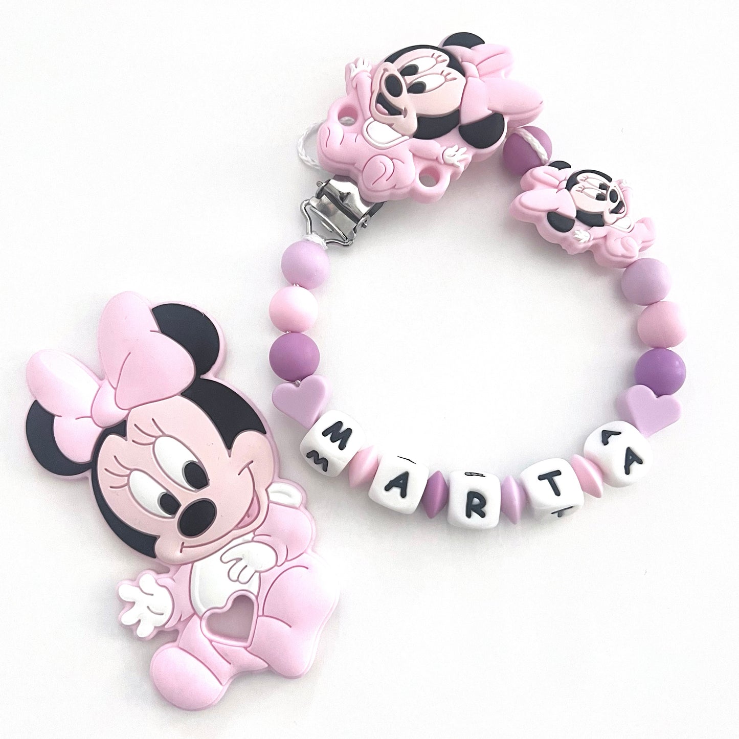 Catenella Portaciuccio Happy Minnie, Portaciuccio con Nome, Catenina in Silicone, Porta Ciuccio Personalizzato