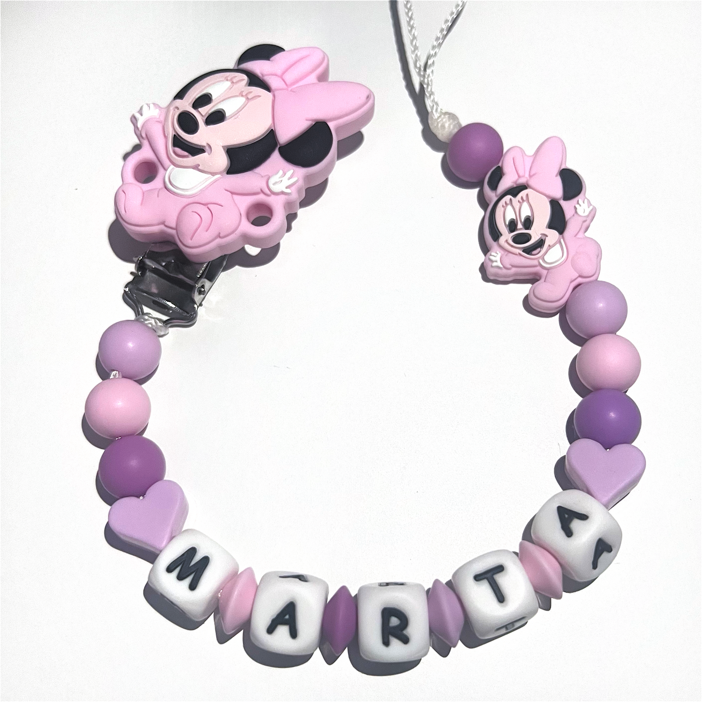 Catenella Portaciuccio Happy Minnie, Portaciuccio con Nome, Catenina in Silicone, Porta Ciuccio Personalizzato