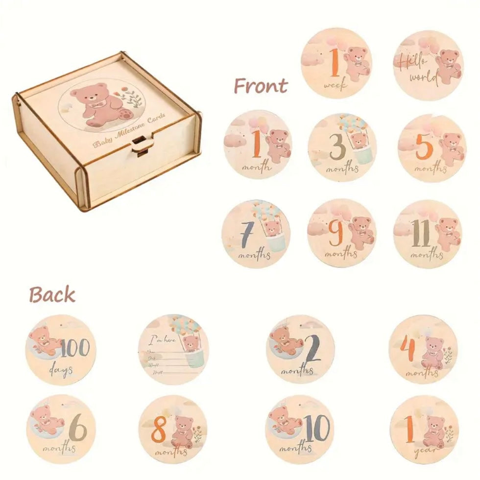 Cofanetto con Cards Complimese in Legno – Set Regalo Neonato per Foto dei 12 Mesi