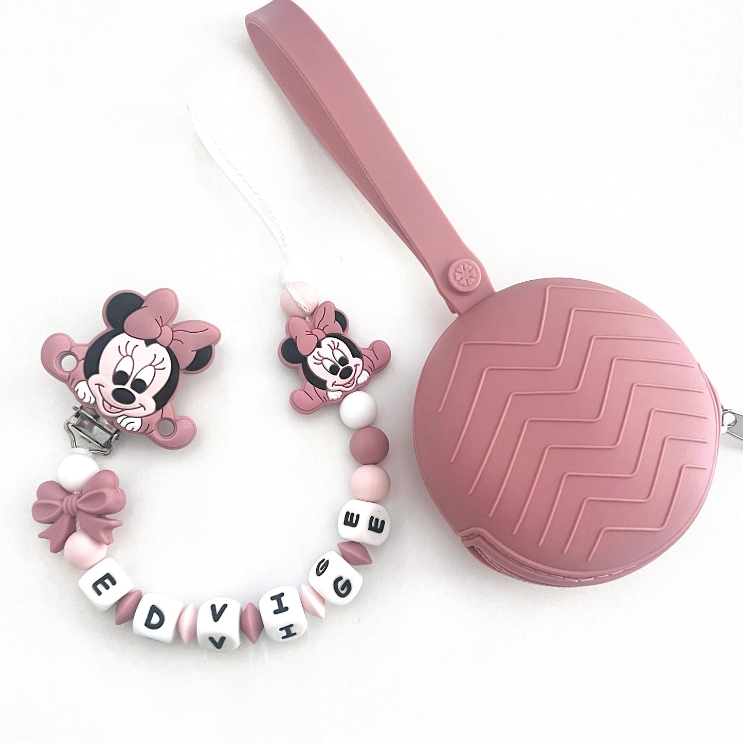 Catenella Portaciuccio Baby Minnie, Portaciuccio con Nome, Catenina in Silicone, Porta Ciuccio Personalizzato