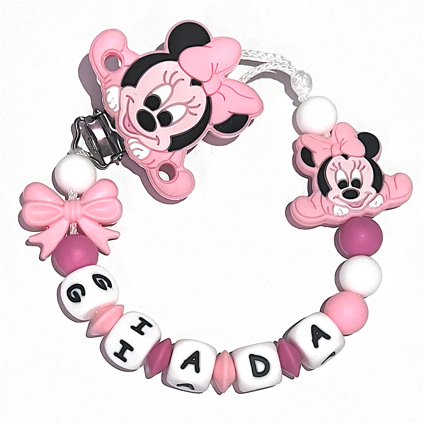 Catenella Portaciuccio Baby Minnie, Portaciuccio con Nome, Catenina in Silicone, Porta Ciuccio Personalizzato