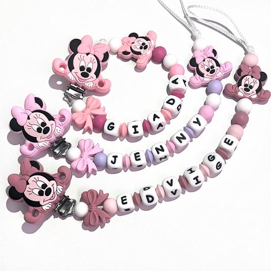 Catenella Portaciuccio Baby Minnie, Portaciuccio con Nome, Catenina in Silicone, Porta Ciuccio Personalizzato